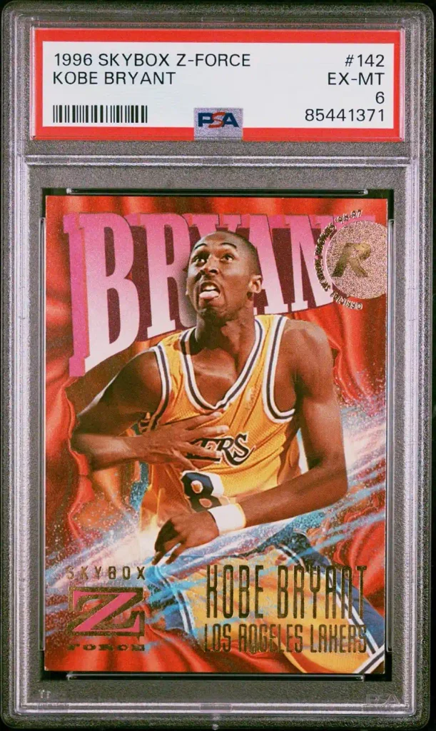 Kobe Bryant SkyBox Z-Force Rookie Cards: Value & Guide 11 Kobe Bryant 1996 SkyBox Z-Force Los Angeles Lakers Rookie Card #142 PSA 6