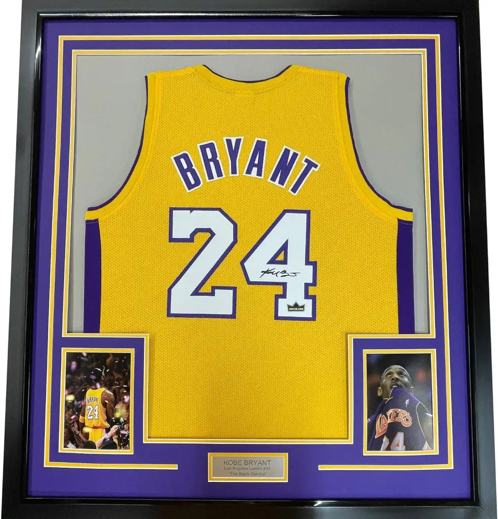 Framed Facsimile Autographed Kobe Bryant #24 35x39 Los Angeles LA Yellow Reprint Laser Auto Basketball Jersey
