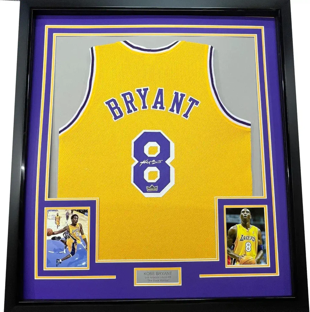 Kobe Bryant Autographs: Value, Authenticity Collecting Guide 21 Framed Facsimile Autographed Kobe Bryant 35x39#8 Los Angeles LA Yellow Reprint Laser Auto Basketball Jersey