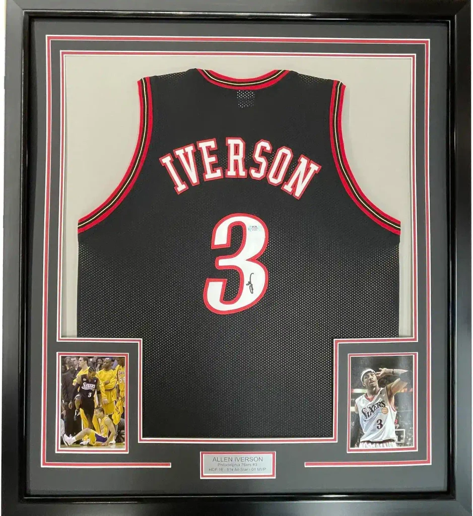 Framed Autographed/Signed Allen Iverson 35x39 Philadelphia Black Basketball Jersey JSA COA