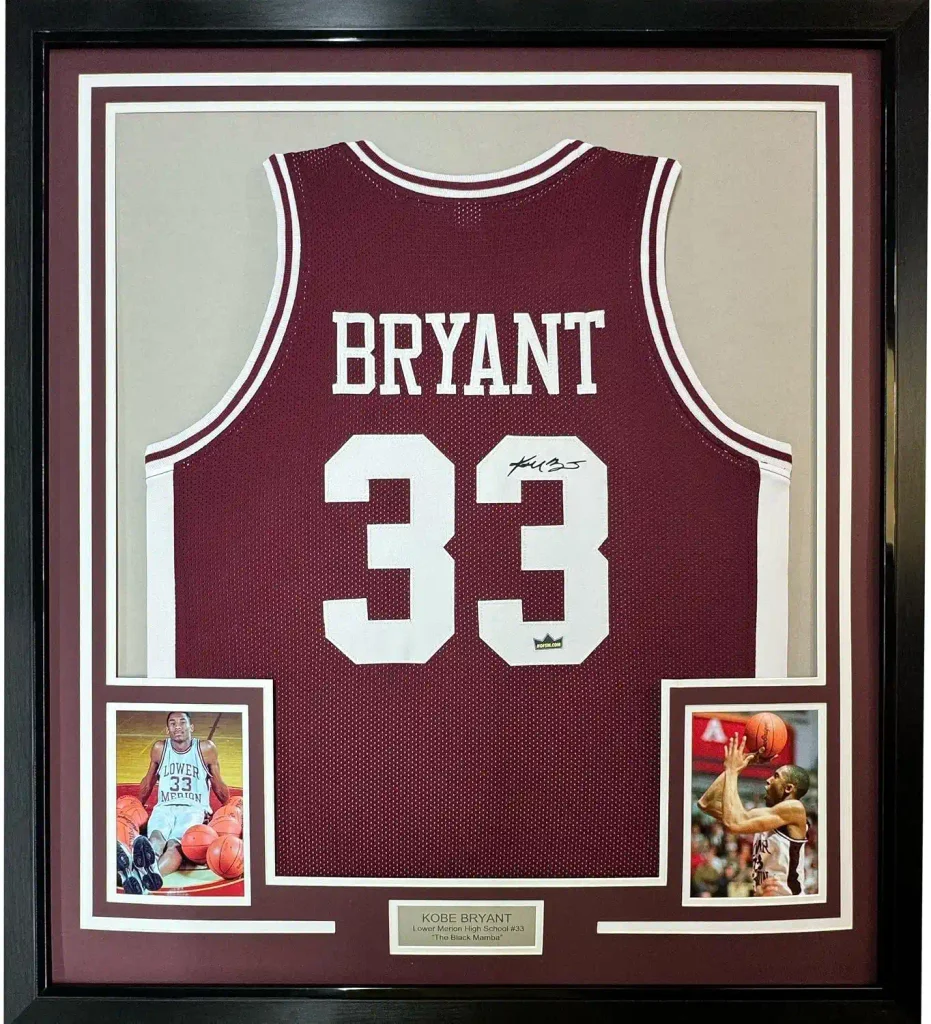 Framed Facsimile Autographed Kobe Bryant 35x39 Lower Merion Maroon Reprint Laser Auto High School Basketball Jersey