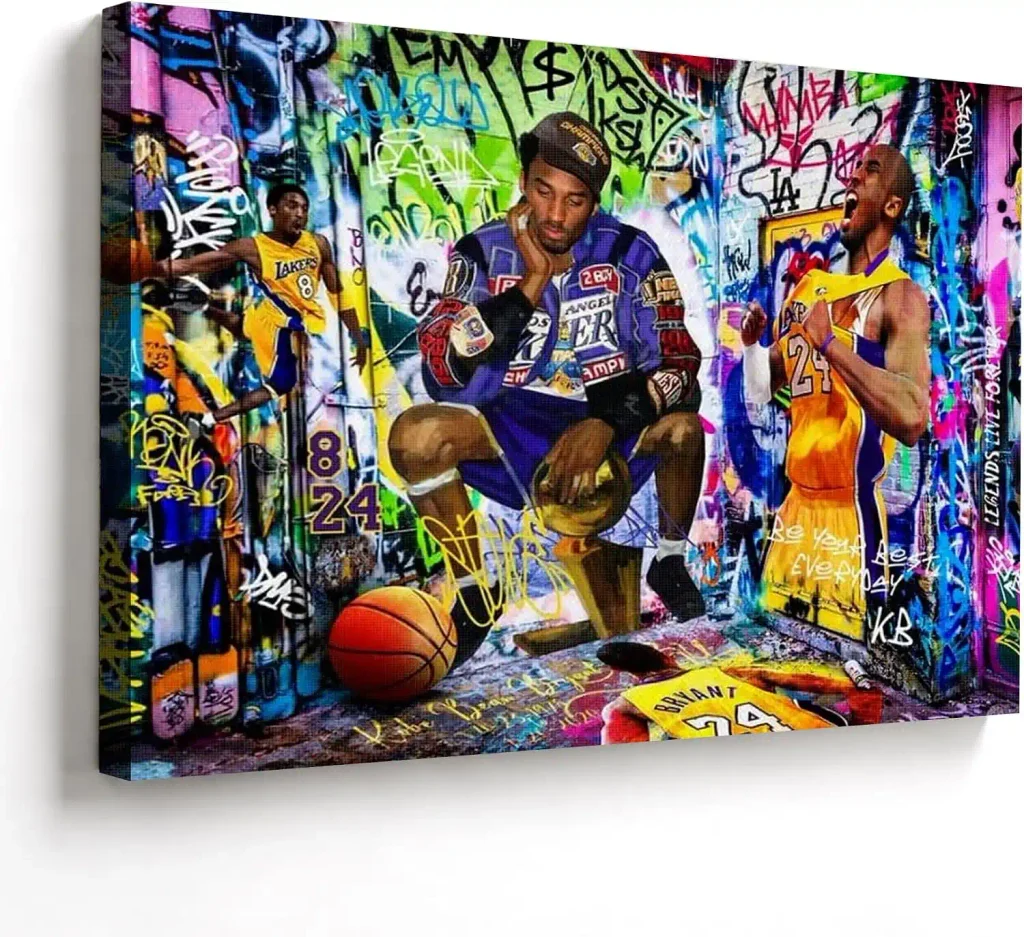 Kobe Bryant Canvas Wall Art Decor - Graffiti-Inspired Basketball Tribute Featuring Lakers Iconic Moments, Mamba Mentality Design for Living Room or Office Wall Decor 8X10