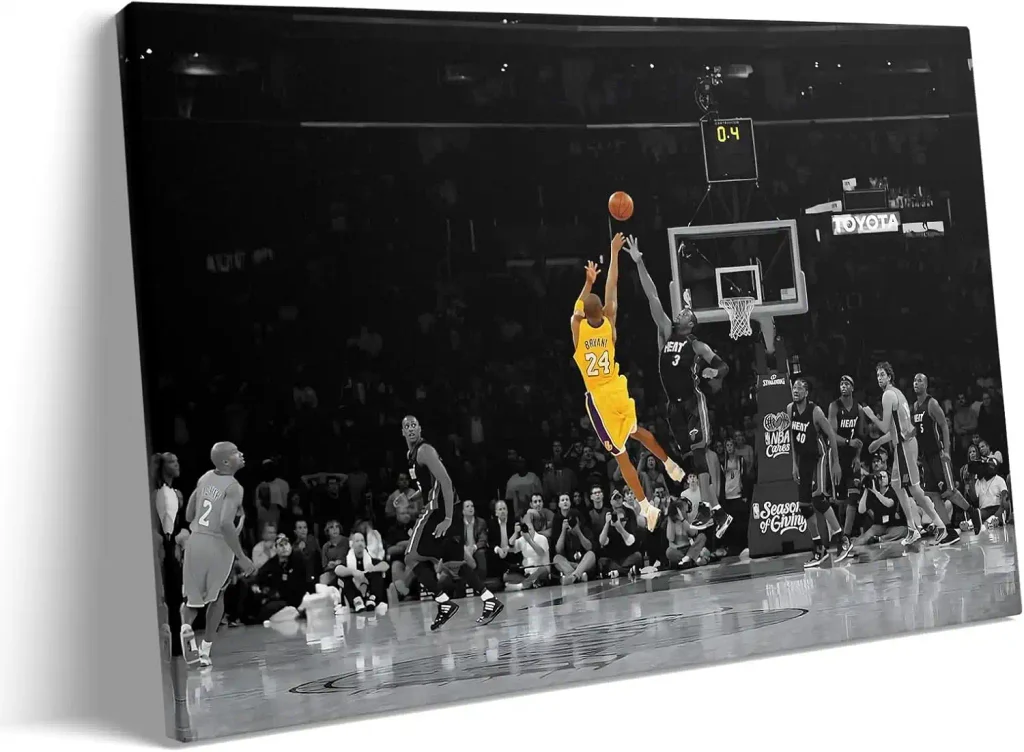 Kobe Bryant Canvas Wall Art, Iconic Lakers Final Game Shot Poster Print, Stunning Basketball Artwork for NBA Fans Bedroom, Game Room, Living Room Decor Home Office Wall Aesthetics, Framed 16x20inch