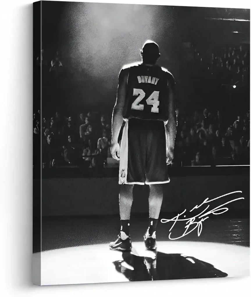 Kobe Canvas Wall Art Decor - Iconic Black and White Spotlight Image, Lakers Legend Tribute with Jersey Number 24, Inspirational Basketball Artwork for Home and Office Wall Decoration 8X10